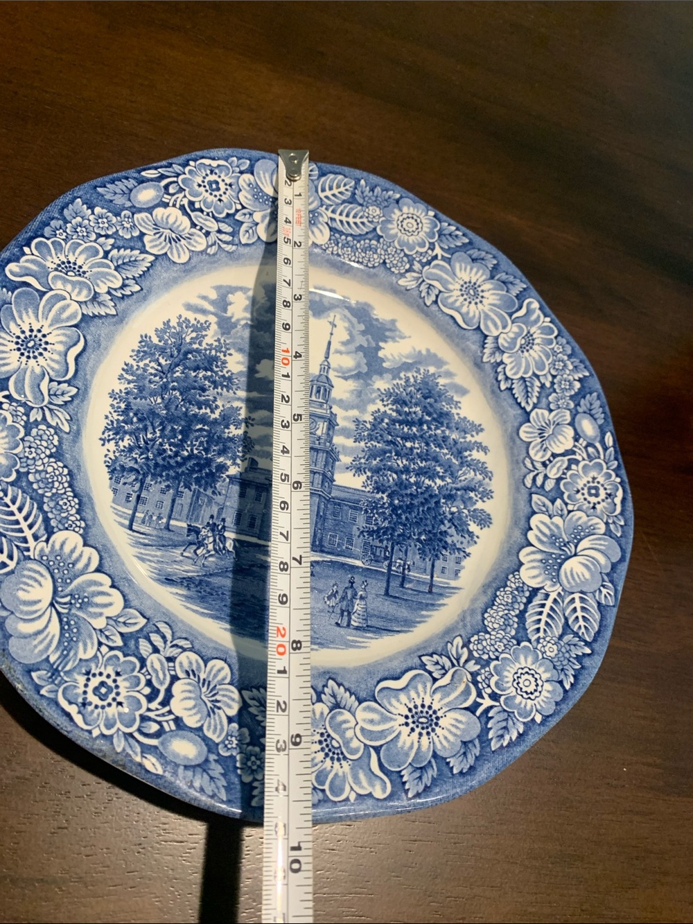 Blue Transferware Dinner Plate with Scenic Center and Floral Border - Picture 9 of 9